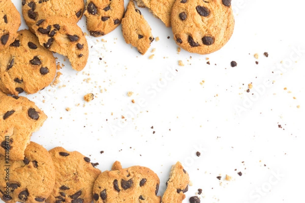 Fototapeta homemade chocolate chips cookies on white background in top view