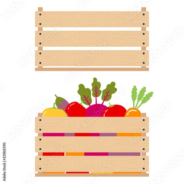 Fototapeta Concept of harvest. Vector illustration of comparing an empty wooden box with a full box of vegetables. Isolated object of fresh, natural foods. Organic products to buy in a supermarket. Diet and