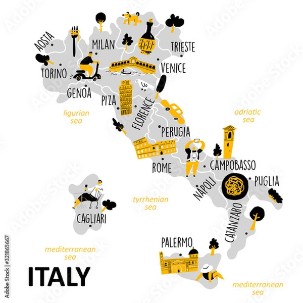 Fototapeta Stylized map of Italy with main attractions, landmarks and cultural symbols