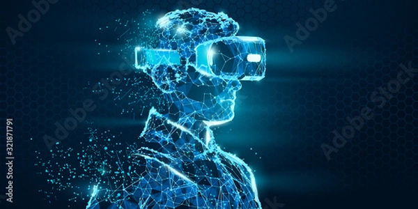 Obraz VR headset holographic low poly wireframe vector banner. Polygonal man wearing virtual reality glasses, helmet. VR games playing. Particles, dots, lines, triangles on blue background. Neon light.