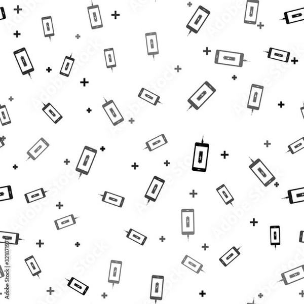 Fototapeta Black Smartphone battery charge icon isolated seamless pattern on white background. Phone with a low battery charge and with USB connection. Vector Illustration
