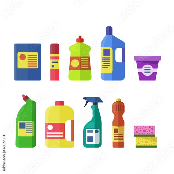 Obraz Set of house cleaning tools and products. Vector illustration of domestic chemicals with bottles and boxes isolated on white background.