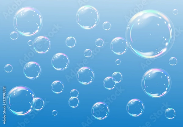 Fototapeta Soap bubbles on a blue background. vector illustration
