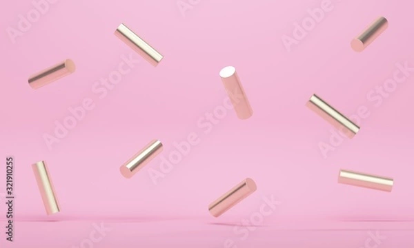Fototapeta Pink abstract background with golden flying cylinders. Backdrop design for product promotion. 3d rendering