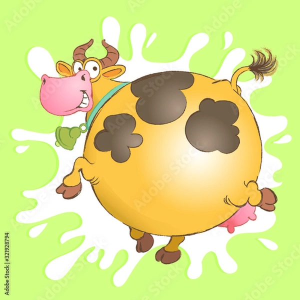 Fototapeta Funny vector drawing. Merry cow in the shape of a ball jumps on a background of milk splashes
