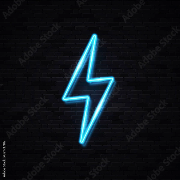 Fototapeta Realistic isolated neon sign of lightning bolt on black brick wall background for flyer decoration covering. Light energy symbol. Concept of lightning, thunder electricity. Bright vector illustration.