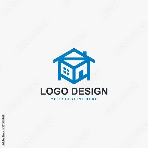 Fototapeta Real estate logo design. House cube abstract symbol. Outline home icon vector.