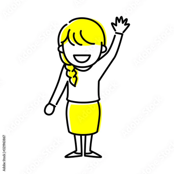 Obraz 線画の若い女性のイラスト。手を挙げている女性のペン画風。