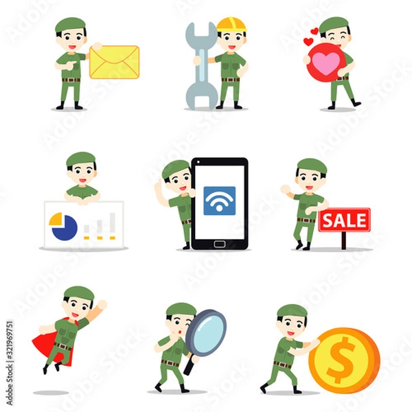 Fototapeta Set character of man join in army cadet for UK Military corps.