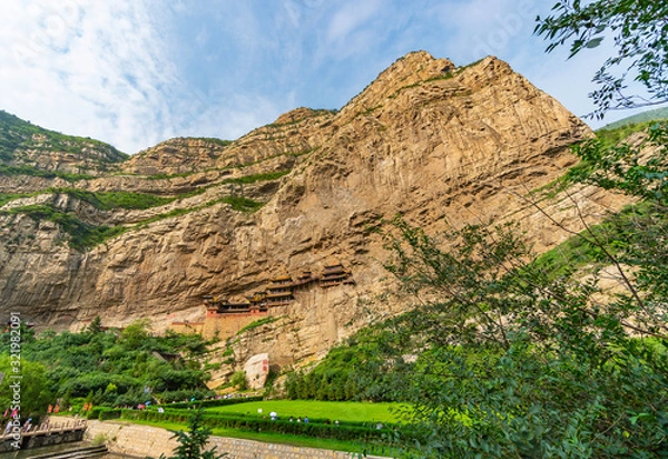 Obraz Landscape panorama of Xuankong  (chinese Hanging Temple) National Heritage. Temple built into a cliff near Mount Heng or Hengshan in Hunyuan, China