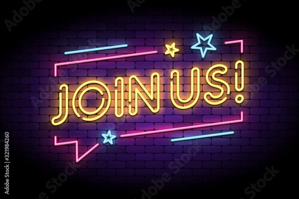 Fototapeta Join us sign in glowing neon style with speech bubble and stars. Vector illustration for follow, join new members in social account.