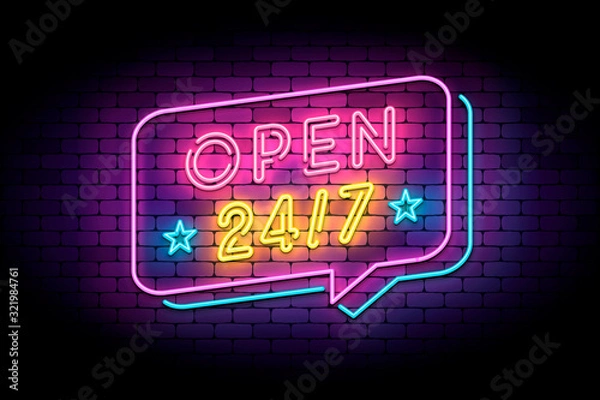 Fototapeta Open 24/7 sign in neon style on a brick wall. Vector illustration with neon letters and speech bubble for shop, services, support and 24 hours clubs.