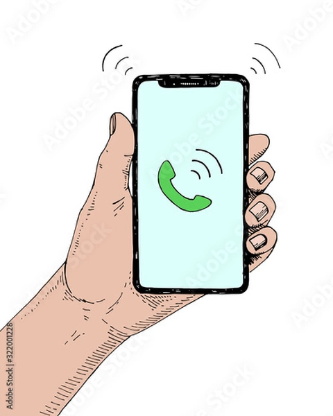 Obraz Hand drawn sketch of modern smartphone in hand. Handset icon on display. Incoming call concept. Vector mobile device illustration