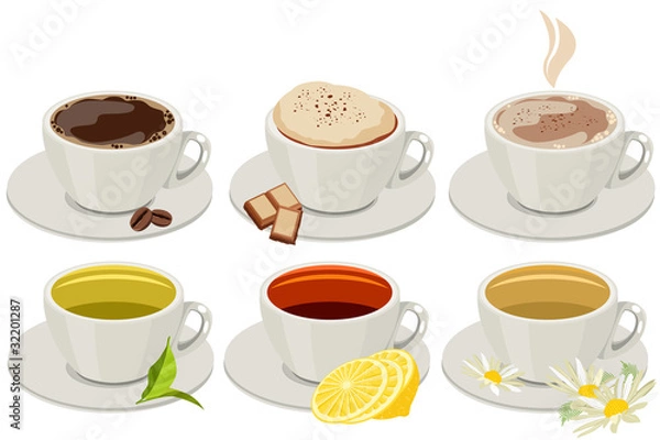 Fototapeta Set of cups with hot drinks. No gradients,no meshes