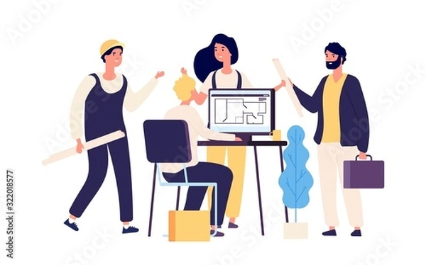 Fototapeta Architects discuss project. Architects and construction workers. Architectural service business vector illustration. Architect and engineer create builder project