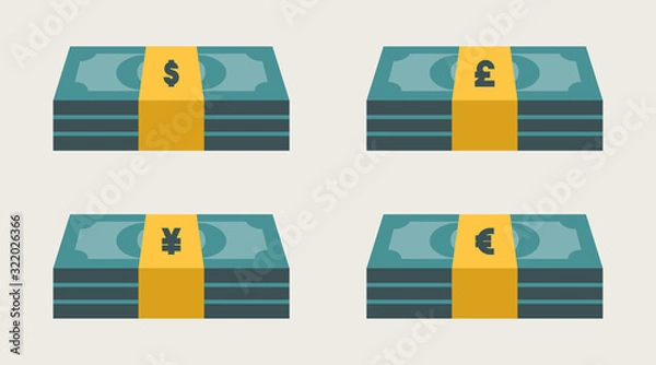 Fototapeta Stack of Money Symbol Icon Vector. Dollar. Pound. Yen. Euro. $£¥€.