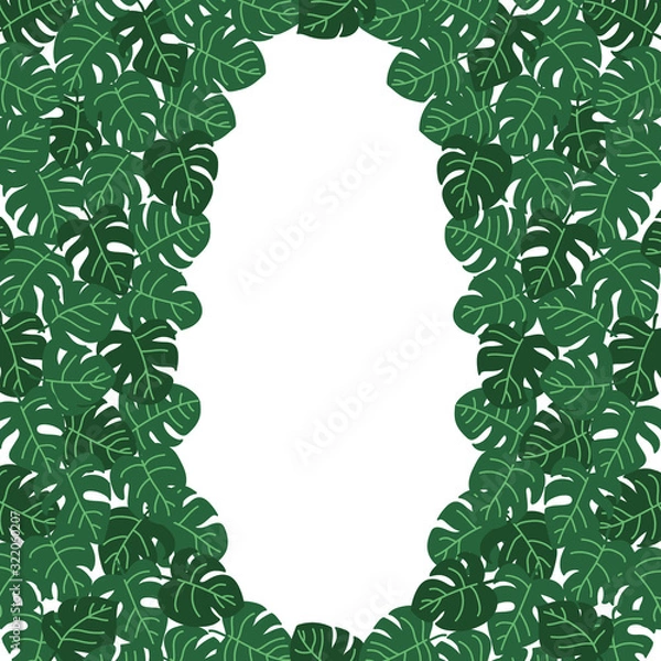 Fototapeta Vector flat illustration with green jungle leaves. Tropical pattern with place for text. Isoleted element for plant design, postcard, invitation, greeting card