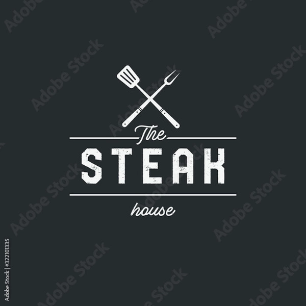 Obraz Steak house set logo with grill, steak, knife, meat, wine and beer. A restaurant. Steak cafe. Vector illustration.