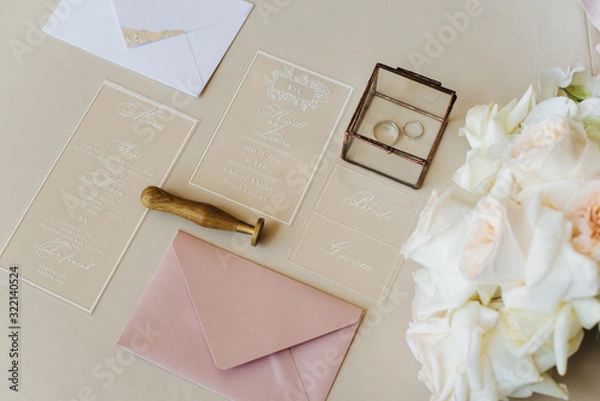 Obraz wedding invitation card with two rings and roses
