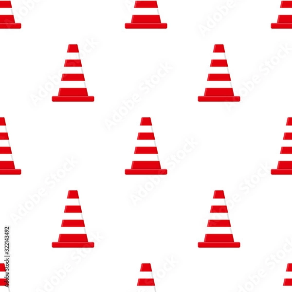 Obraz Seamless pattern with traffic cones isolated on white background. Cartoon style. Vector illustration for design, web, wrapping paper, fabric, wallpaper.