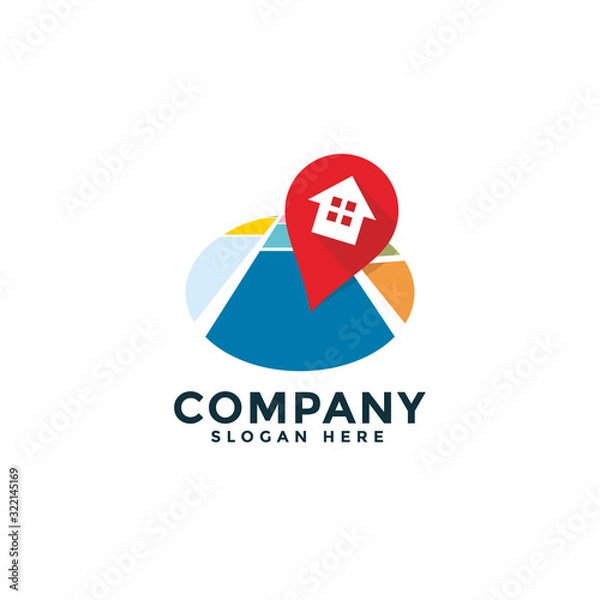 Fototapeta A Map House with pin, geo locate, pointer logo icon