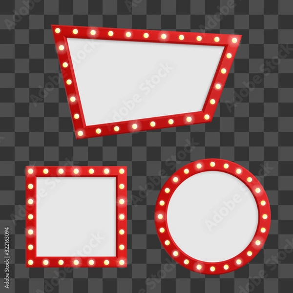 Fototapeta Cinema signboard set with light bulbs. Retro show frame. Vector illustration.