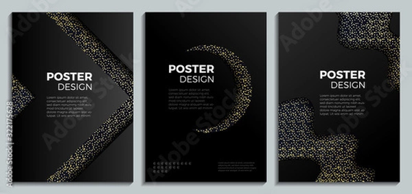 Fototapeta Set of black and gold design templates with rhinestones for brochures, flyers, mobile technologies, applications and online services, social networks, banners. Abstract modern backgrounds.