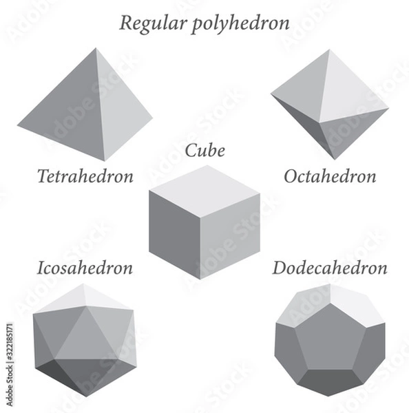 Fototapeta Set of gray volumetric geometrical colored shapes. Regular polyhedron