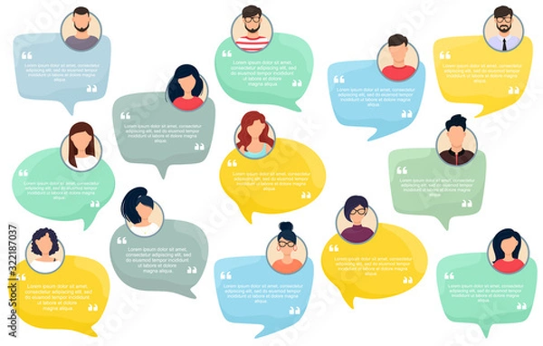 Fototapeta Koncepcja dymka referencyjnego, opinie klientów dotyczące grafiki informacyjnej, aplikacji graficznej informacji, aplikacji i strony internetowej. Szablon kreatywnych referencji o różnych kształtach. Ilustracji wektorowych.