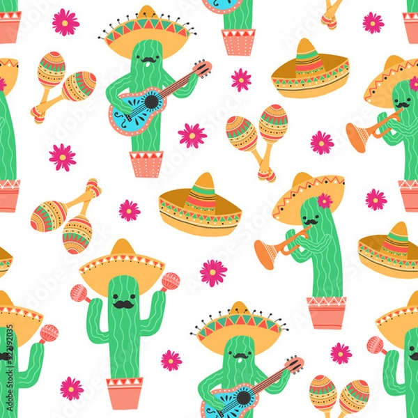 Fototapeta Seamless pattern with cute mexican cactus playing on guitar and trumpet and dancing with maracas. Vector illustration