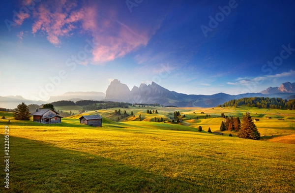Obraz Wonderful summer view of Dolomiti Alps. Attractive morning scene of Compaccio village, Seiser Alm or Alpe di Siusi location, Bolzano province, South Tyrol, Italy, Europe. Dolomiti hills.