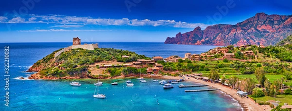 Obraz Panorama of Girolata Bay in Corsica Island, Corse-du-Sud, France. Scandola Nature Reserve a Natural World Heritage Site, Regional Park. It cannot be reached by car, only by walking or boats. Postcard.