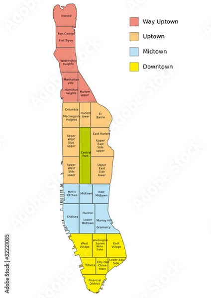 Obraz New York Map - Manhattan districts