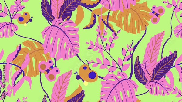 Fototapeta Botanical seamless pattern, various hand drawn flowers and leaves on green