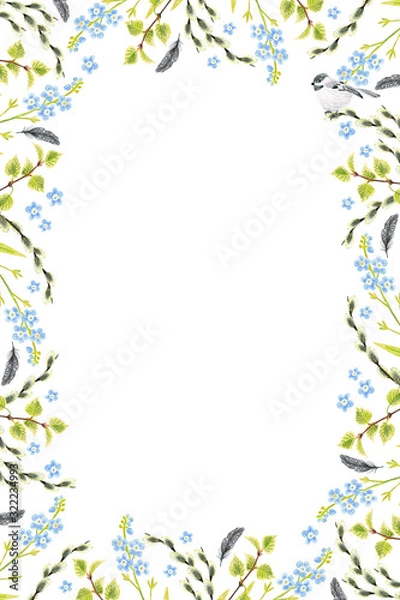 Obraz Background and frame with Easter Attributes on a white background. Drawing with colored pencils.