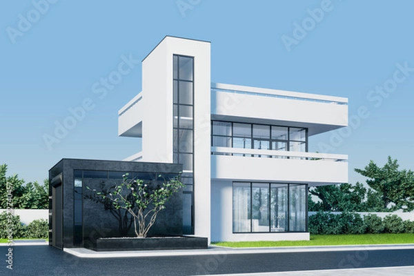 Fototapeta Modern house with white stucco with a balcony and a high staircase, in daylight against a background of green trees and a white fence with Windows to the street. 3D stock illustration.