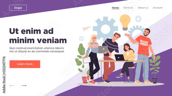 Fototapeta Happy startup team brainstorming. Young men and women with laptops, bulbs, gears working together flat vector illustration. Teamwork, creativity concept for banner, website design or landing web page