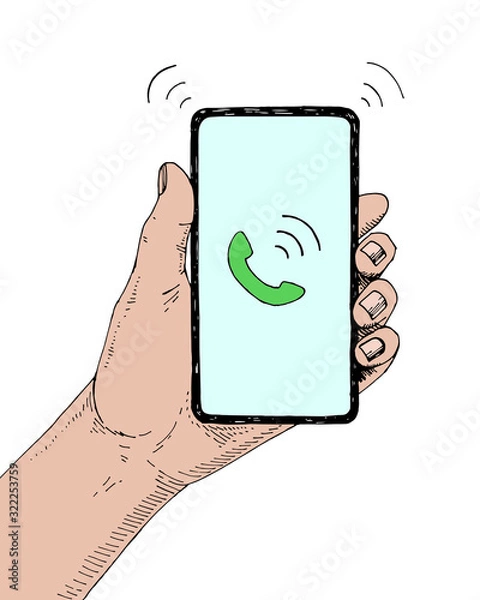 Fototapeta Hand drawn sketch of modern smartphone in hand. Handset icon on display. Incoming call concept. Vector mobile device illustration