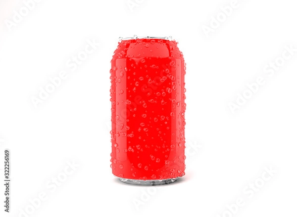 Fototapeta Red soda can with drops isolated on white background.