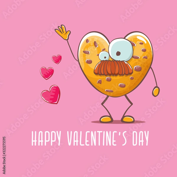Fototapeta vector funny hand drawn valentines day greeting card with homemade chocolate chip heart shape cookie character isolated on pink background. Happy Valentines day cartoon pink banner or poster.