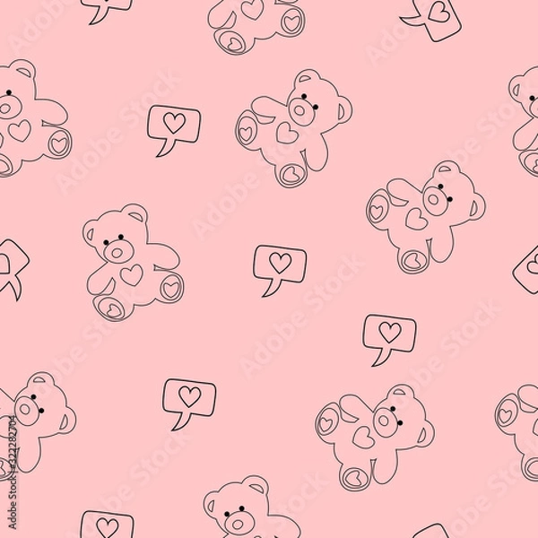 Fototapeta  Seamless pattern vector illustration of hand drawn bear with heart Ink drawing, beautiful animal design elements Funny illustration Valentine's Day toy on color background