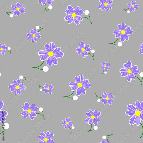 Fototapeta Seamless cute floral spting pattern background. Blue flower pattern on gray background. Mothers Day, 8 March