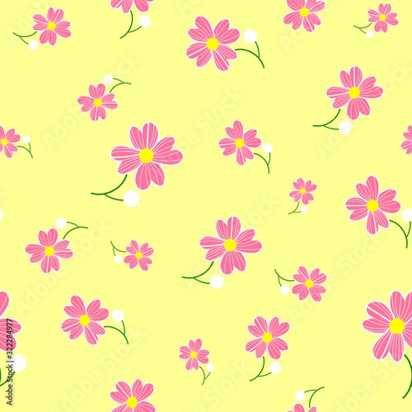 Fototapeta Seamless cute floral spting pattern background. Pink flower pattern on yellow background. Mothers Day, 8 March