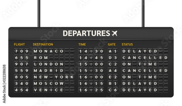 Fototapeta Scoreboard mechanical flip font. Realistic equipment board template for departures and arrivals flight. Flipping departure status. Alphabet, numbers display board isolated on dark background vector.