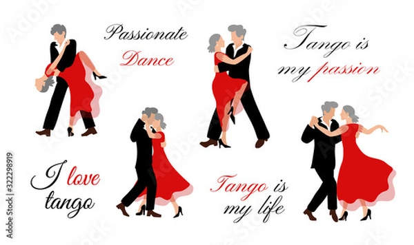Fototapeta Senior couple dancing tango. Illustration vector set of old people dancing in flat style on a white background. A vigorous old man and an old woman with gray hair dance a beautiful dance