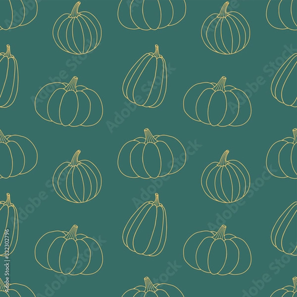 Fototapeta Seamless vector pattern with pumpkins. Hand drawn doodle pattern. Autumn wallpaper on dark green background. Botanical print for fabric, textile, wrapping paper. Pumpkin harvest.