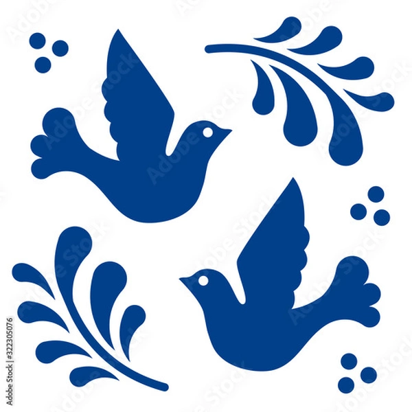 Fototapeta Mexican talavera tile pattern with birds. Ornament in traditional style from Puebla in classic blue and white. Floral ceramic composition with flower, dot and leaves. Folk art design from Mexico.