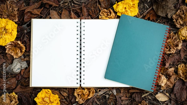Fototapeta A blank notebook placed on a yellow, red, orange leaf And autumn dried flowers in the autumn nature background top view