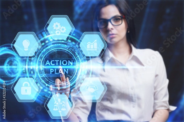 Fototapeta Business, Technology, Internet and network concept. Young businessman working on a virtual screen of the future and sees the inscription: Action plan