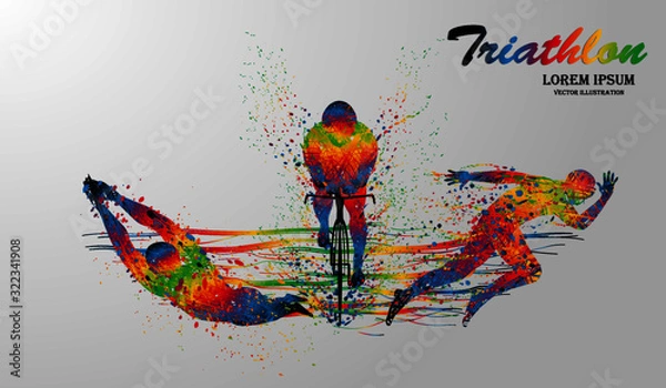 Fototapeta Visual drawing swimming, cycling and runner sport at fast of speed in triathlon game, colorful beautiful design style on white background for vector illustration, exercise sport concept